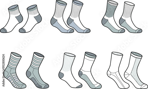 Set of various casual and athletic socks, flat vector illustration collection, modern textile design isolated on light background for fashion catalog