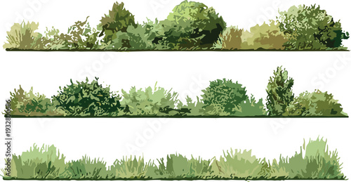 Set of green garden bushes and grass borders, flat vector landscape elements collection, natural hedge plants isolated on light background