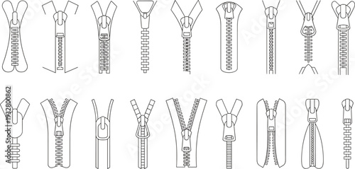 Zipper line art icons set featuring metal and plastic zip fastener types, open and closed garment pullers, black vector illustrations for tailoring.