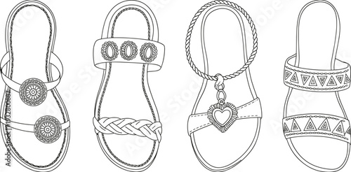 Summer sandals line art icons featuring decorative flip flops, beach footwear with heart charms, braided straps, and ethnic patterns, black vector fashion illustrations.