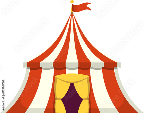 Flat vector illustration of a classic red and white circus tent with flag, isolated on white background. Perfect for carnival themes, festival designs, children s events, and entertainment branding.