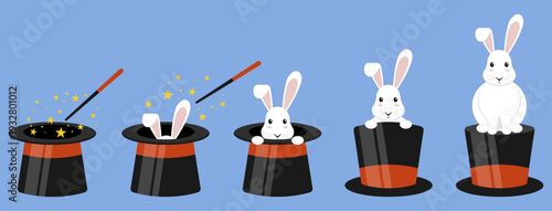 Flat vector illustration of a magician s top hat with a rabbit appearing step by step. Cute cartoon style isolated on blue background, perfect for kids design, party themes, and magic concepts.