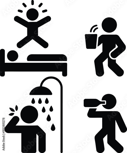 Daily morning and hygiene routine activities illustrated in icons