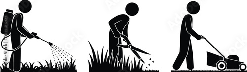 Three stages of lawn maintenance depicted by stylized figures with gardening tools