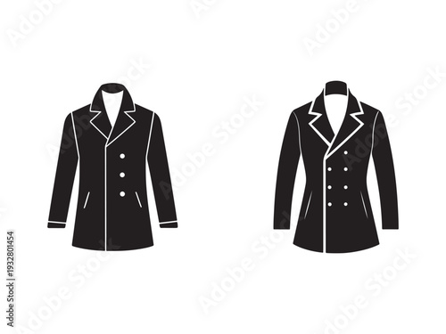 Two black and white illustrations of womens jackets with white outlines and buttons  front views  fashion design elements