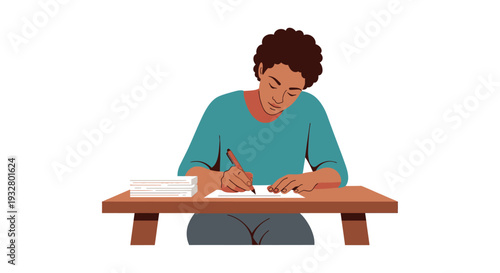 Person with curly hair sits focused at a wooden desk, diligently writing on paper with a pen, surrounded by a stack of documents or a book.