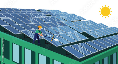 Worker cleaning solar panels on a green industrial building rooftop under sunny weather