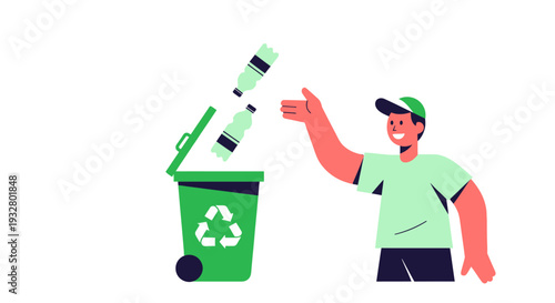 Man throwing recyclable cans into a green recycling bin outdoors