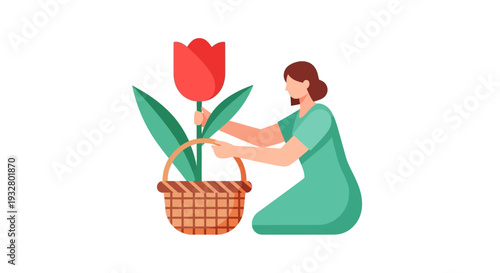 Woman gently placing a red tulip into a wicker basket while kneeling on the ground