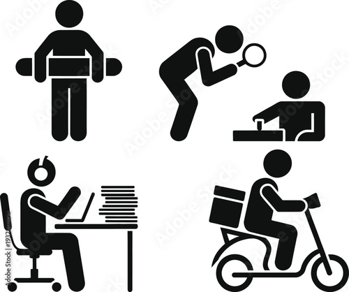 Illustrations of diverse professions and activities in a simplified icon style