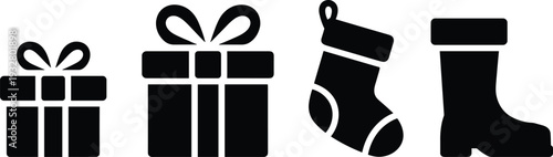 Black silhouette Christmas gift boxes and festive stocking icon set isolated on white background, holiday celebration and winter season vector illustration.