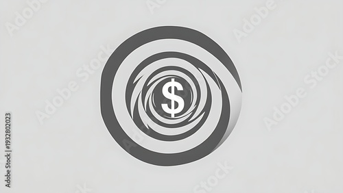 virtuosity. A distorted spiral pattern featuring a currency symbol at its center in monochromatic graphic design style. pitch deck slides.