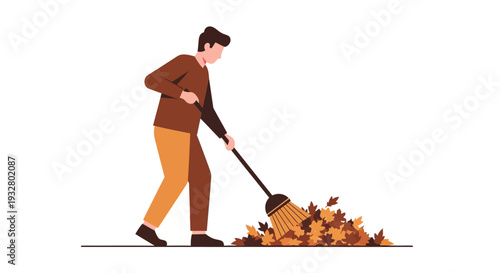Man raking leaves on a fall day outside with a broom and pile
