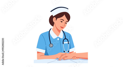 Nurse examining a patient's hand in a clinical setting from a close-up viewpoint