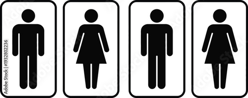 Four gender-neutral and gender-specific restroom symbols displayed side by side.