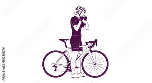 Cyclist Drinking Water from Bottle while Standing beside Bicycle in Outdoor Setting