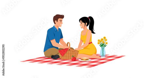 Couple enjoying a romantic picnic on a red and white checkered blanket in a serene outdoor setting