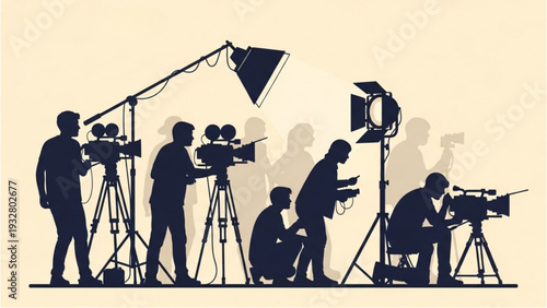 Film crew capturing scenes with cameras and lighting equipment on set from various viewpoints