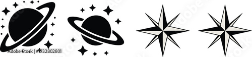 Black and white vector illustration of ringed planet and compass star icons set isolated on light background for astronomy and navigation design.