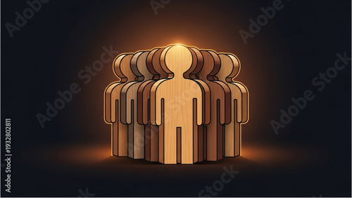 Golden figures standing together in a circle, leadership, teamwork, unity, cooperation, and success