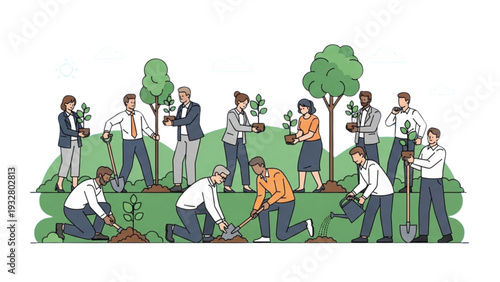 Group of people planting trees and working together in a lush green landscape