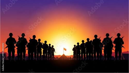 Soldiers standing together at sunset with flag in the distance viewed from behind