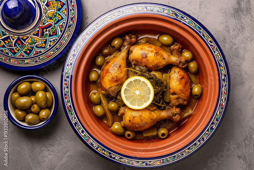 Top-down view of a vibrant Moroccan chicken tagine with olives and lemon, served beside a small olive bowl on gray countertop