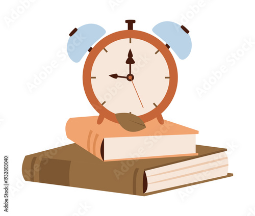 Alarm Clock on Stack of Books. Education and study time management concept for school and academic projects. Back to school. Flat vector illustration.
