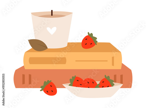 Strawberries and Candle on Stacked Books. Cozy autumn mood and slow living lifestyle concept for home decor designs. Flat vector illustration.