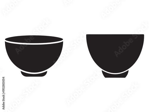 Two black bowls with white trim side by side on white background  simple kitchenware icons