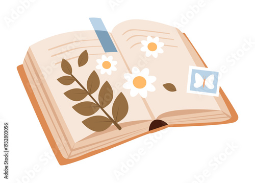 Herbarium book with pressed flowers and leaves. Vintage botany study concept for education and natural history projects. Nature journal. Flat vector illustration.