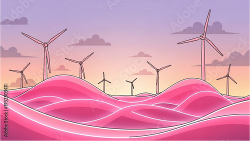 Wind turbines standing on rolling hills at dusk with cloudy sky above