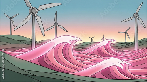 Wind turbines standing on rolling hills with pink waves flowing across the landscape at dusk from an aerial viewpoint