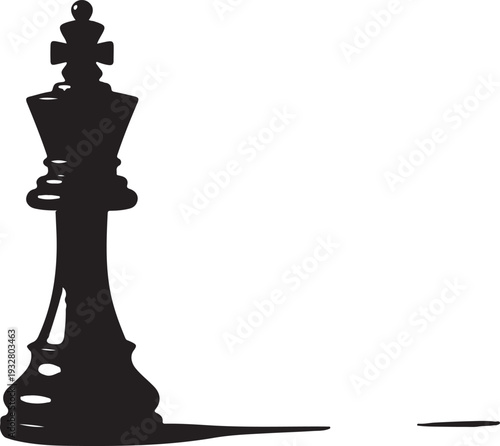 Black king chess piece silhouette standing alone on a white background with a long shadow.
