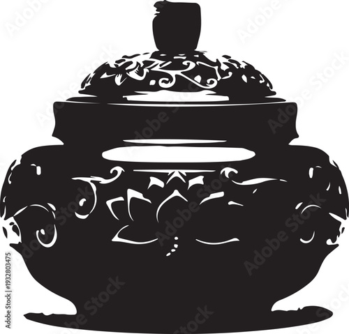 Black and white silhouette of a traditional ornate chinese incense burner with an intricate lid