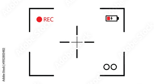 Vector graphic illustration of a modern video camera recording interface overlay with focus crosshairs, battery indicator, and recording status