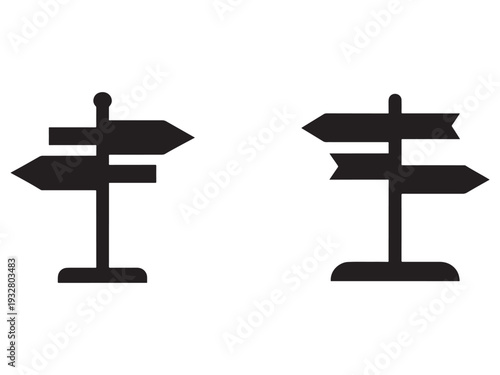 Two black directional signs with multiple arrows on white background for navigation and direction