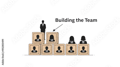 Leader Standing on Blocks with Team Members Below in a Hierarchical Structure Illustration