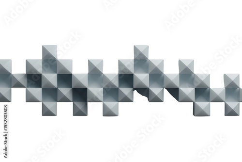 Abstract 3d geometric pattern with white and gray pyramidal blocks forming a modern, minimalist design on a transparent background