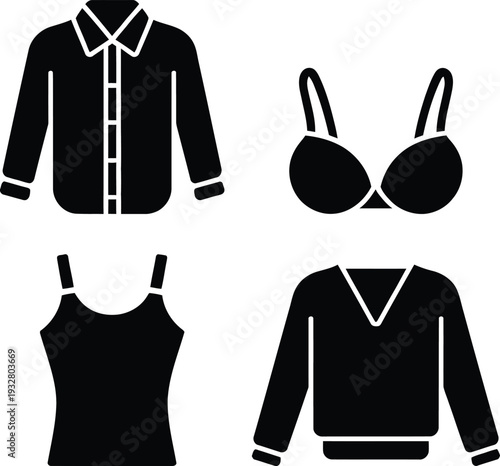 Collection of stylish black women's tops and undergarments in silhouette form