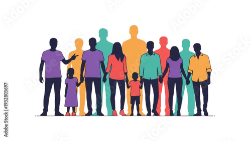 Diverse family group standing together in a colorful illustration with various people holding hands