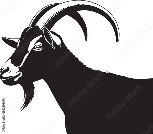Black and white illustration of a goat with long curved horns and a beard against a white background