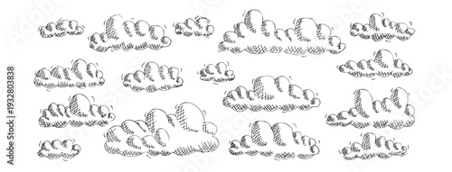 Sketchy clouds set. Outline doodles sky background whit retro hatching. Naive pencil childish sky background. Kids cloudy doodles for baby nursery decor or weather design. Vector scrawl on white bg.