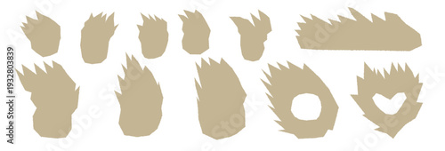 Fire and burned heart, circle craft eco paper cutouts silhouette icons. Doodle scrap beige cut out flames vector illustration set. Collage simple elements. Scrapbook bonfire forms set isolated no bg.