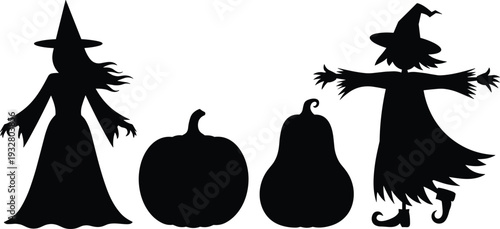 Halloween silhouettes featuring witch, scarecrow, pumpkin and gourd isolated on white background, spooky autumn holiday vector illustration with black shadow shapes and seasonal decor elements