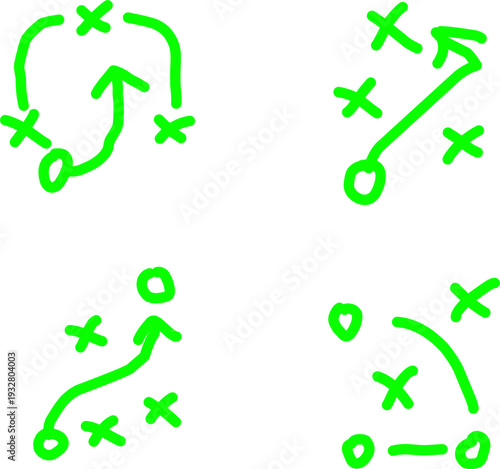 Neon green hand-drawn arrows with X and O symbols on white background, playful strategy doodle pattern, modern abstract tactical sketch design