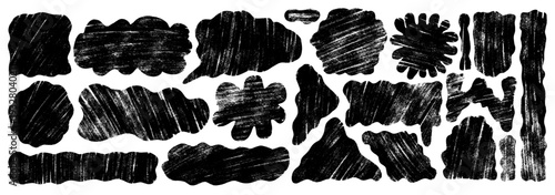 Paint spray wavy geometric shapes with noise set. Text boxes grainy textured frames. Circle, rectangle square figures. Vector hand-drawn quote stickers. Triangle, speech bubble grunge callout figure.