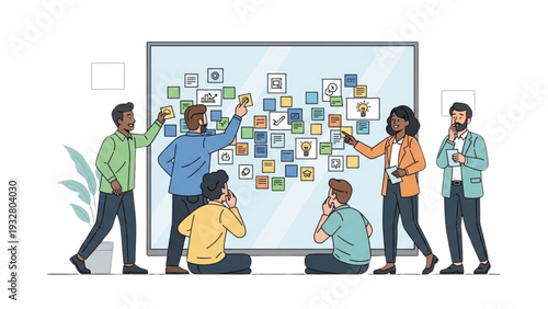 Diverse team collaborating on project with sticky notes on glass board in modern office