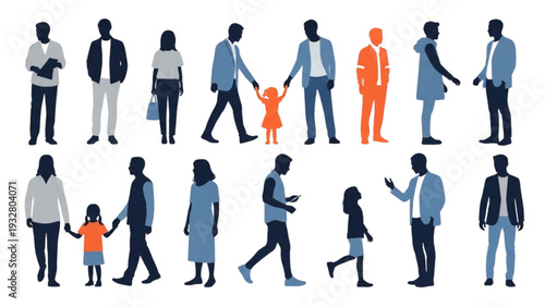 Diverse group of people walking together in various directions and formations