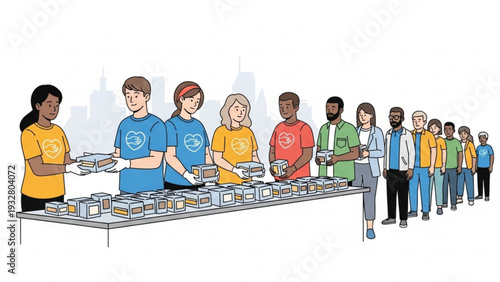 Diverse group serving food together at a community event with cityscape in the background from a straight-on viewpoint